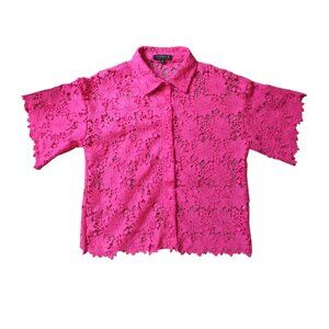 Joseph A Hot Pink Crochet Lace Button Down Scalloped Hem Bell Sleeve Crop NWOT M